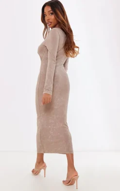 Taupe Washed Cotton Cut Out Long Sleeve Midaxi Dress