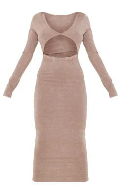 Taupe Washed Cotton Cut Out Long Sleeve Midaxi Dress