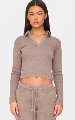 Taupe Washed Ribbed V Neck Fitted Long Sleeve Top