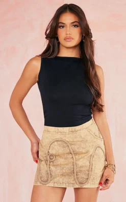 Taupe Washed Twill Piping Detail Mini Skirt