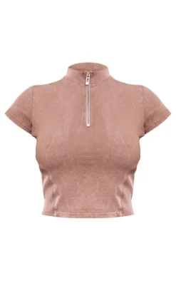 Taupe Washed Zip Up Rib Panel Top