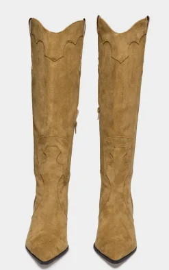 Taupe Wide Fit Faux Suede Point Toe Knee High Heeled Western Boots