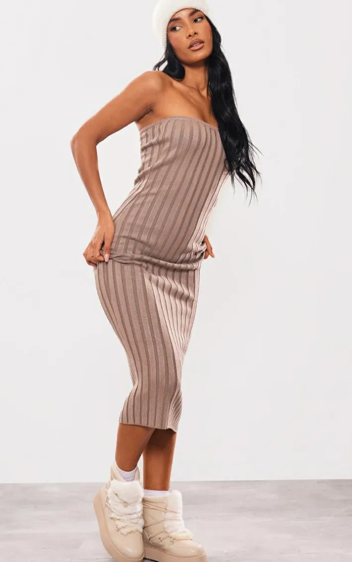 Taupe Wide Rib Knit Bandeau Midaxi Dress
