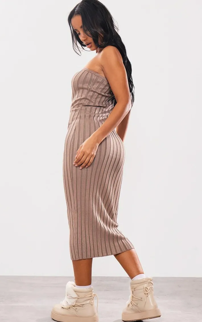 Taupe Wide Rib Knit Bandeau Midaxi Dress