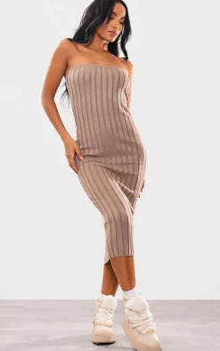 Taupe Wide Rib Knit Bandeau Midaxi Dress