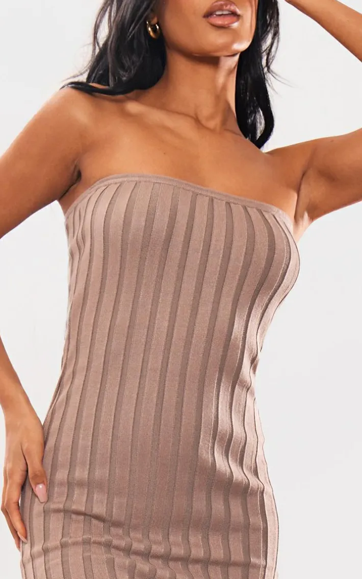 Taupe Wide Rib Knit Bandeau Midaxi Dress