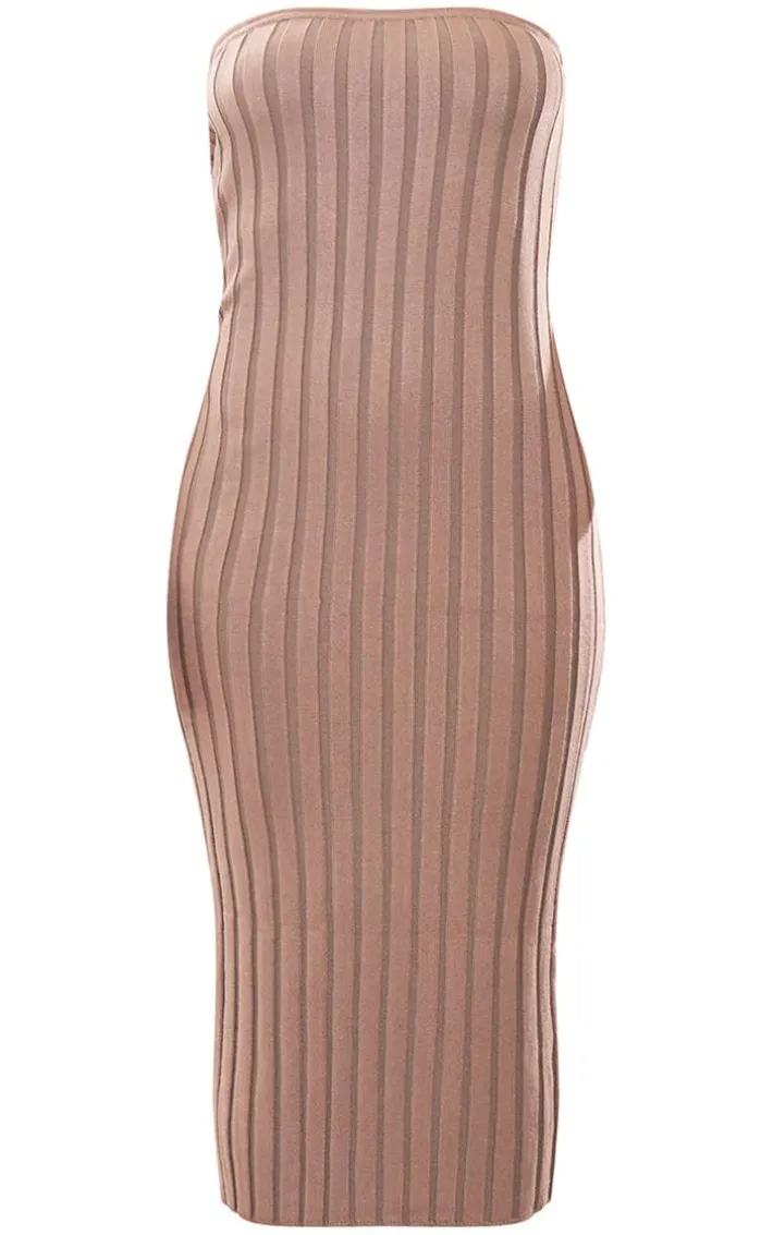 Taupe Wide Rib Knit Bandeau Midaxi Dress