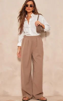Taupe Woven Elasticated Waist Straight Leg Pants