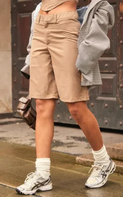 Taupe Woven Mid Rise Longline Tailored Shorts