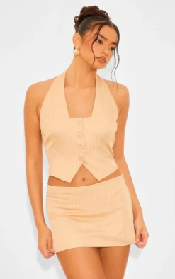 Taupe Woven Pinstripe Halterneck Button Through Vest