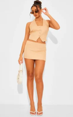 Taupe Woven Pinstripe Halterneck Button Through Vest