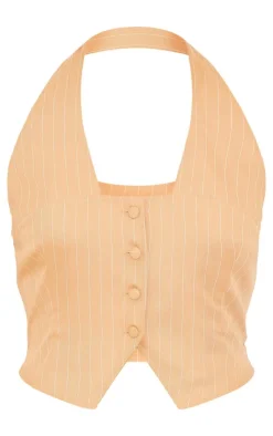 Taupe Woven Pinstripe Halterneck Button Through Vest