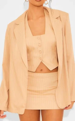Taupe Woven Pinstripe Oversized Dad Blazer