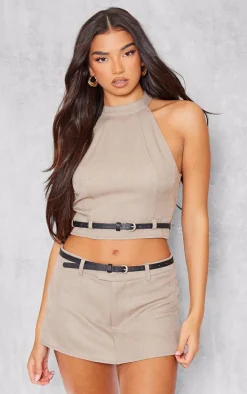 Taupe Woven Tailored High Neck Belted Top