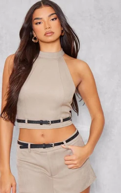 Taupe Woven Tailored High Neck Belted Top