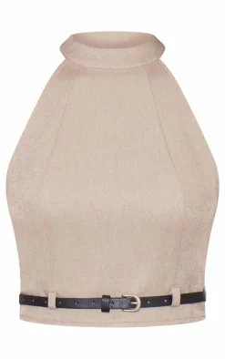 Taupe Woven Tailored High Neck Belted Top