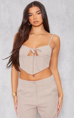 Taupe Woven Tailored Tie Detail Corset