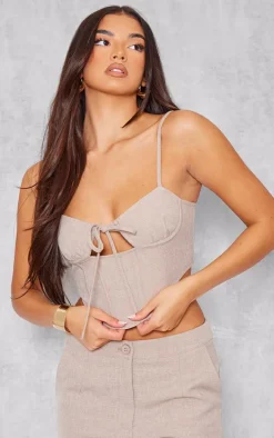Taupe Woven Tailored Tie Detail Corset