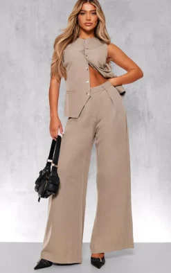 Taupe Woven Tailored Wide Leg Pleated Pants