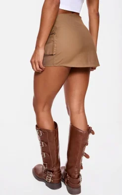 Taupe Woven Tailored Wrap Over Pocket Front Mini Skirt