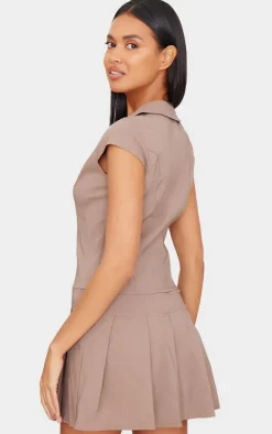 Taupe Zip Up Pleated Shift Dress