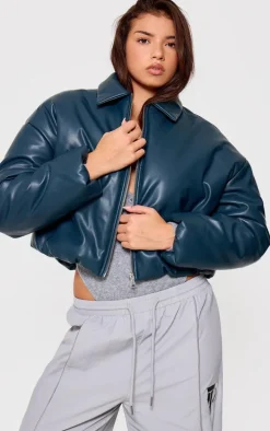 Teal Faux Leather Collar Detail Puffer Jacket