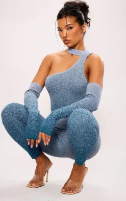 Teal Marl Knit High Neck Cut Out Drape Bodysuit With Sleeves