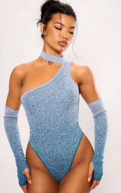 Teal Marl Knit High Neck Cut Out Drape Bodysuit With Sleeves