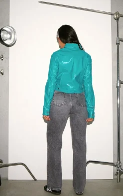 Teal PU Pocket Detail Casual Jacket