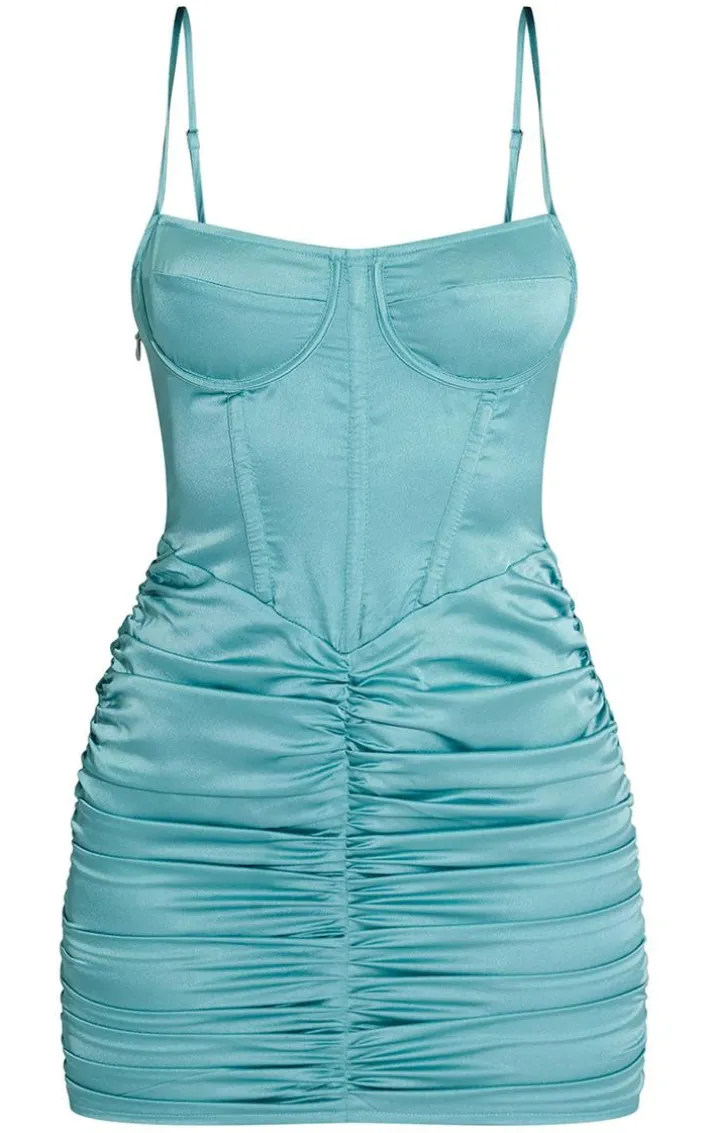 Teal Satin Strappy Corset Detail Ruched Skirt Bodycon Dress