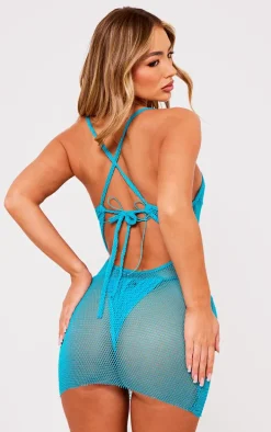 Teal Textured Tie Back Mini Beach Dress