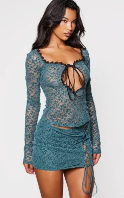 Teal Velvet Lace Mini Skirt