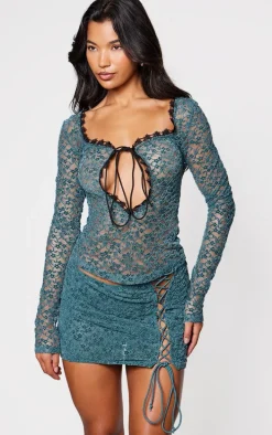 Teal Velvet Lace Tie Front Fitted Top