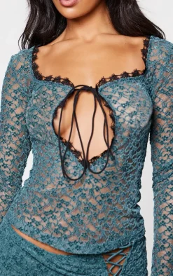 Teal Velvet Lace Tie Front Fitted Top