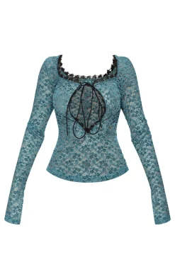 Teal Velvet Lace Tie Front Fitted Top