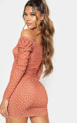 Terracotta Polka Dot Print Ruched Front Long Sleeve Bodycon Dress