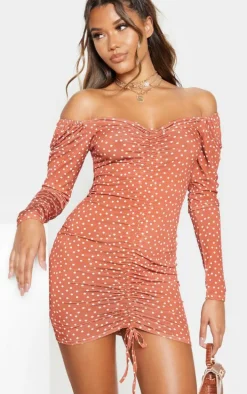 Terracotta Polka Dot Print Ruched Front Long Sleeve Bodycon Dress