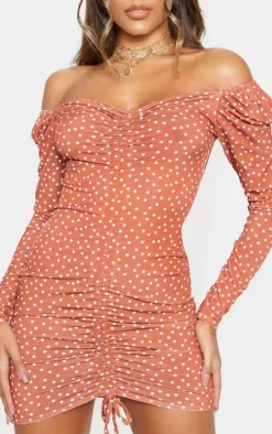 Terracotta Polka Dot Print Ruched Front Long Sleeve Bodycon Dress