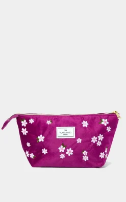 The Flat Lay Co. Essential Pouch Makeup Bag in Embroidered Daisy Plum Velvet