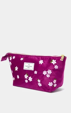 The Flat Lay Co. Essential Pouch Makeup Bag in Embroidered Daisy Plum Velvet