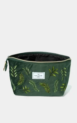 The Flat Lay Co. Essential Pouch Makeup Bag in Embroidered Leaves Green Velvet
