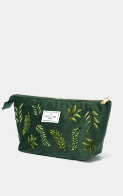 The Flat Lay Co. Essential Pouch Makeup Bag in Embroidered Leaves Green Velvet