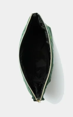 The Flat Lay Co. Essential Pouch Makeup Bag in Embroidered Leaves Green Velvet