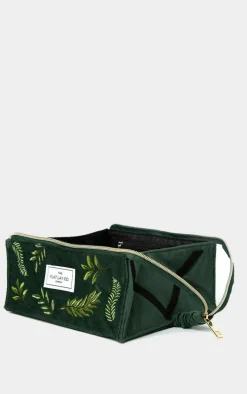 The Flat Lay Co. Open Flat Box Makeup Bag in Embroidered Leaves Green Velvet