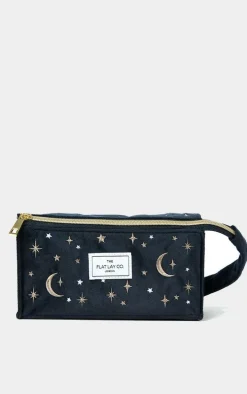 The Flat Lay Co. Open Flat Box Makeup Bag in Embroidered Celestial Blue Velvet