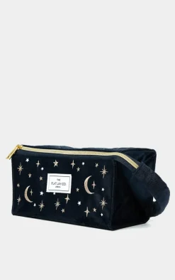 The Flat Lay Co. Open Flat Box Makeup Bag in Embroidered Celestial Blue Velvet