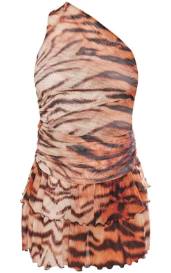 Tiger Print One Shoulder Ruffle Mini Dress