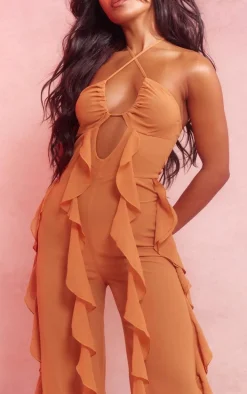 Tobacco Halterneck Ruffle Wide Leg Jumpsuit