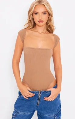 Toffee Snatched Rib Cut Out Short Sleeve Bodysuit