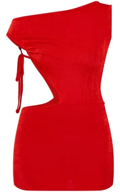 Tomato Red Acetate Slinky One Shoulder Ruched Cut Out Bodycon Dress